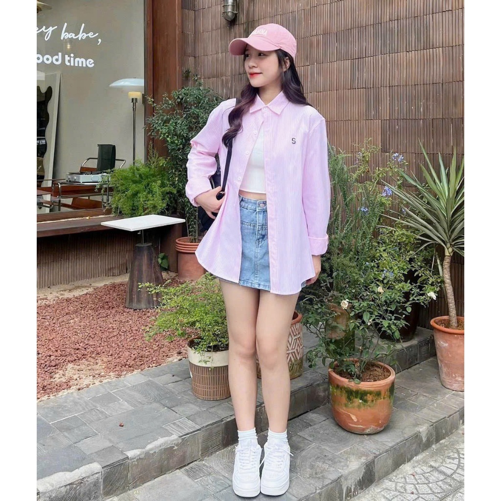 Áo sơ mi nữ dài tay kẻ sọc dáng dài thêu chữ áo kiểu đi học đi chơi ATC0069