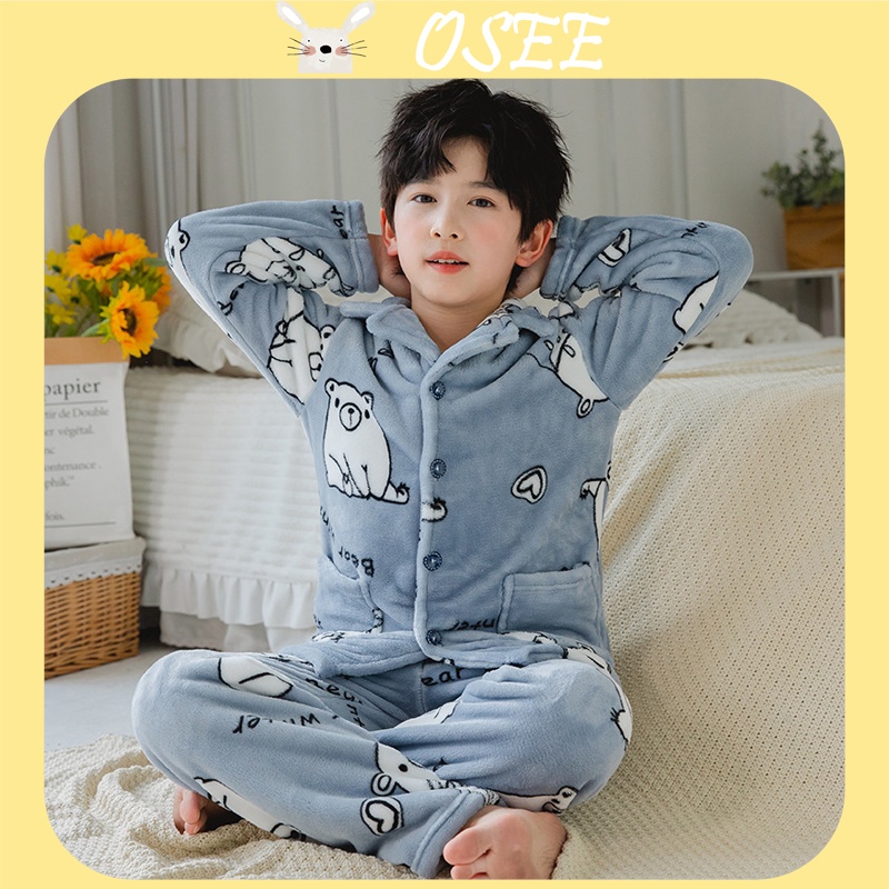 Bộ Đồ Ngủ Mặc Nhà Vải Lông Cừu San Hô Dày Dặn Giữ Ấm Cỡ Lớn 75-155cm Thời Trang Thu Đông Cho Bé Trai