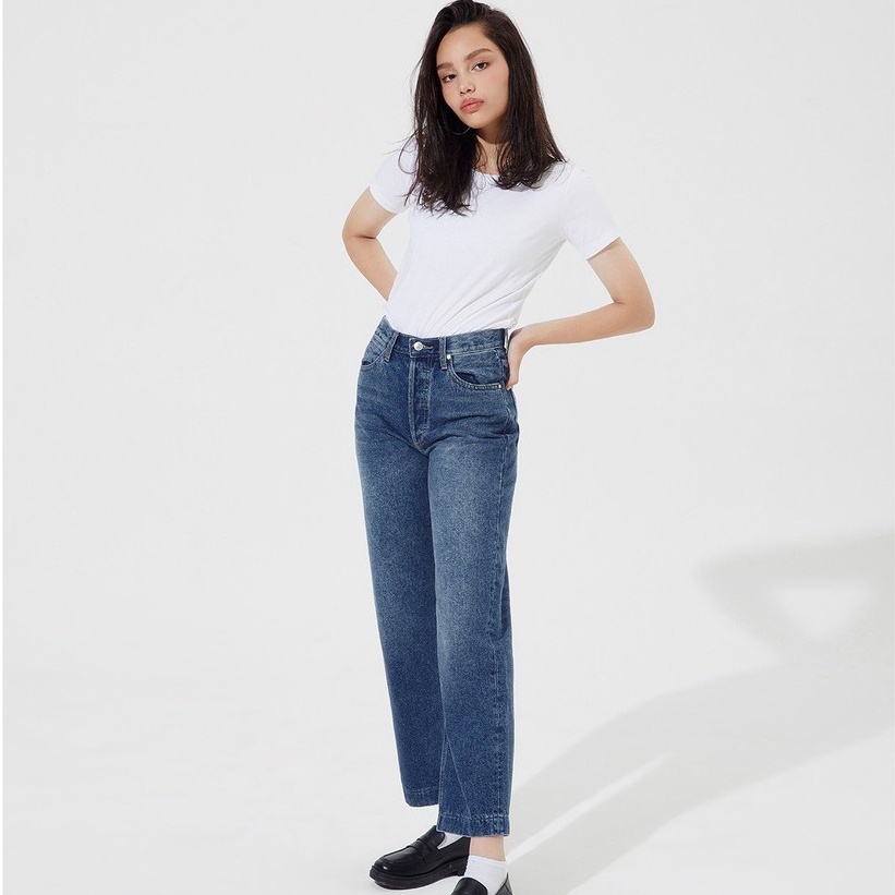 TheBlueTshirt - Quần Jeans Lưng Cao Nữ Ống Rộng Màu Đậm - The Original Dad Jeans Dark Blue Wash