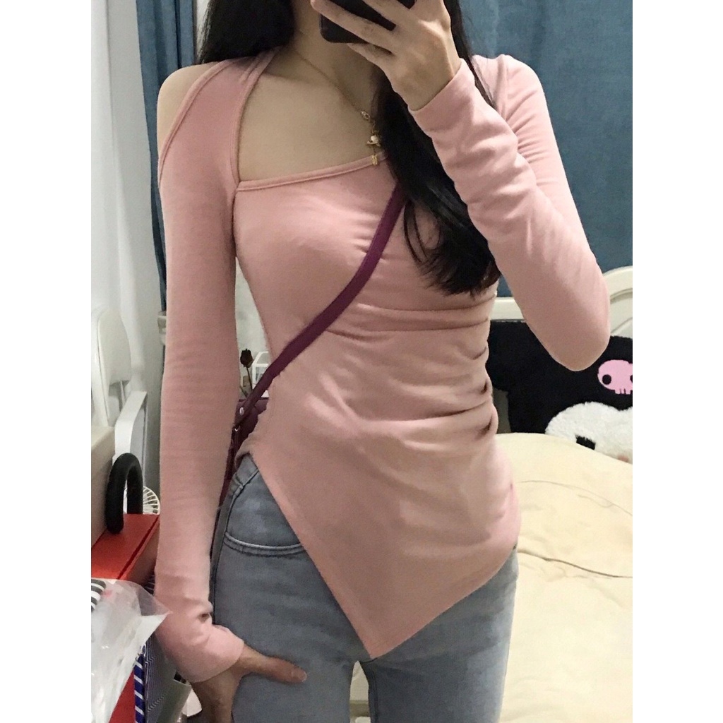 Mới Áo Kiểu Tay Dài Hở Vai Màu Hồng Thời Trang Dành Cho Nữ