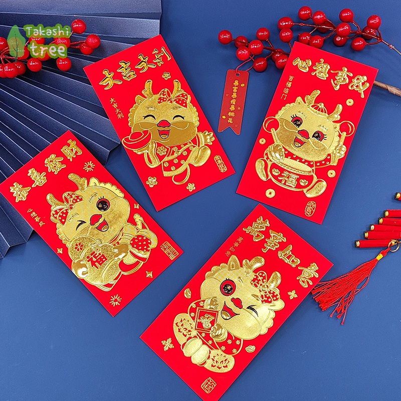 Set 6 Bao Lì Xì Năm Mới 2024 Họa Tiết Rồng Đỏ Phong Cách Trung Hoa