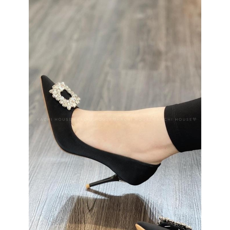Giày Cao Gót Da Mịn Nơ Đính Đá Vuông Gót Đũa Trẻ Trung Thời Trang MARYSHOP