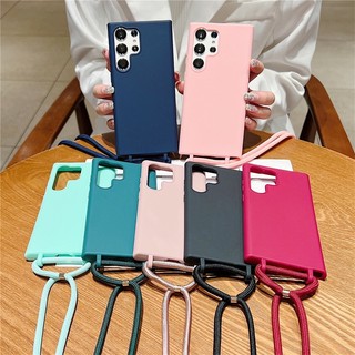 Ốp Điện Thoại Silicone Mềm Màu Trơn Có Dây Đeo Chéo Cho Samsung A14 A24 A34 A54 Note 10 Plus 20 Ultra 5G