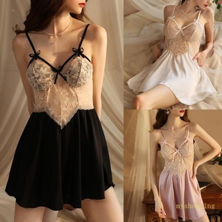 Đầm ngủ satin phối ren cổ chữ v toàn diện cho nữ
