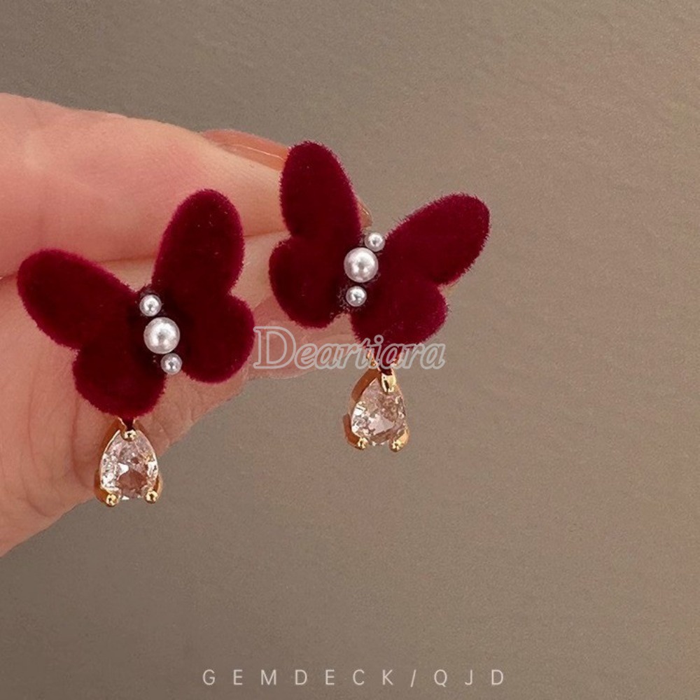 Khuyên Tai Hình Giọt Nước Đính Đá Ngọc Trai Và Bướm Màu Đỏ Rượu Vang Phong Cách Pháp Thời Trang Cao Cấp Và Thanh Lịch