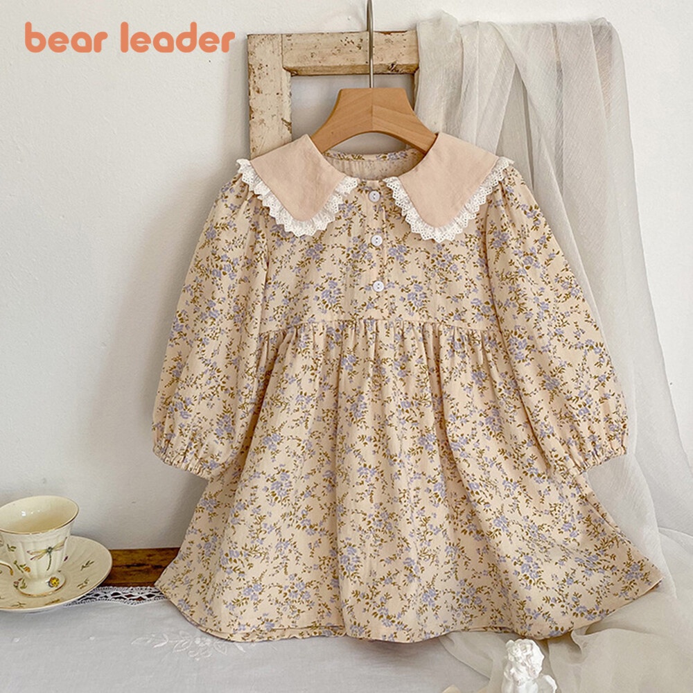 BEAR LEADER Đầm Công Chúa Cổ Bẻ Phối Ren Hoa Thời Trang Xuân Thu Cho Bé Gái 3-7 Tuổi