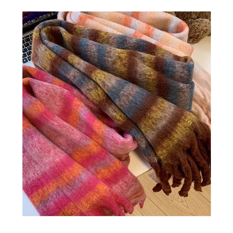 Khăn Choàng Cổ Dày Kẻ Sọc Màu Sắc Ấm Áp Dễ Phối Đồ Thời Trang Thu Đông Phong Cách Hàn Quốc Cho Nữ