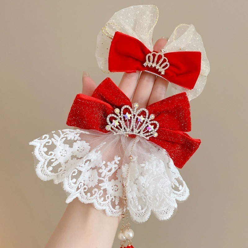Kẹp Tóc Hình Nơ Đỏ Đính Bóng Lông Mừng Năm Mới Cho Bé Gái