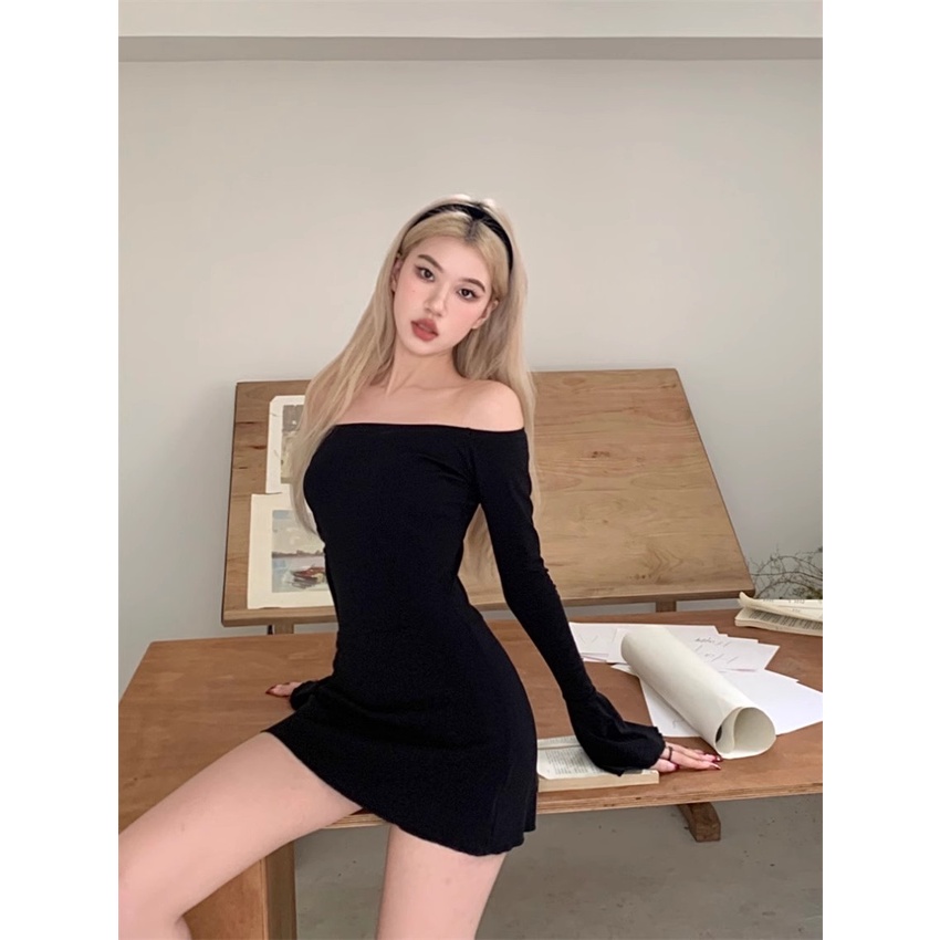 Tingyaxiu Váy Ôm Sát Tay Chuông Màu Đen Gợn Sóng Thời Trang Thu Đông Cho Nữ