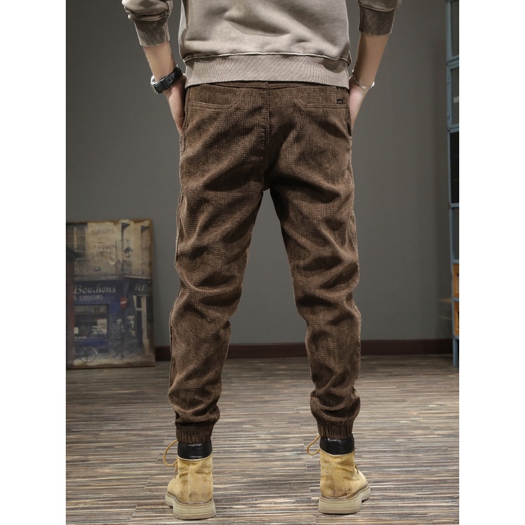 Quần nhung tăm dáng rộng lưng thun co giãn phong cách retro Mỹ thời trang mùa đông cho nam có size lớn