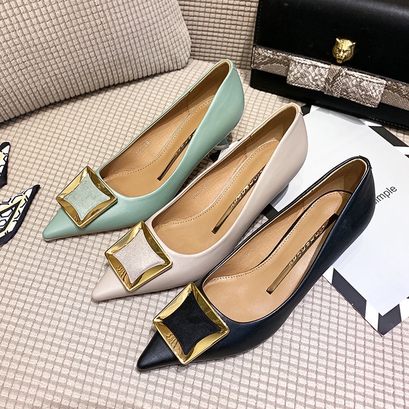 Đen Giày Cao Gót 5cm Da Mềm Mũi Nhọn Thời Trang Mùa Đông Cho Nữ