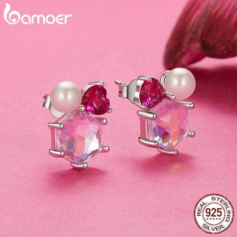 Bamoer Bông Tai Bạc sterling 925 Hình Trái Tim Màu Hồng