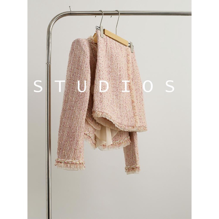 Bộ Áo Khoác cardigan Thắt Nơ Phối Chân Váy Vải tweed Màu Hồng Phong Cách Pháp Thời Trang Mùa Thu Mới