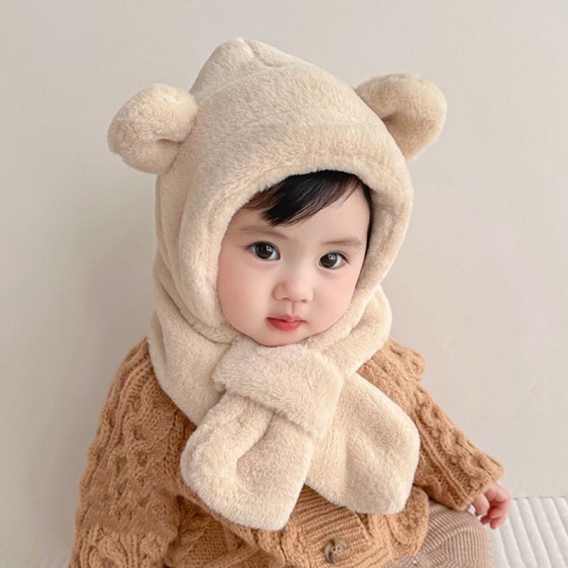 Mũ Trùm Đầu Giữ Ấm Tai Và Khăn Choàng Cổ Phủ Lông Dễ Thương Thời Trang Thu Đông Cho Bé Trai Và Bé Gái