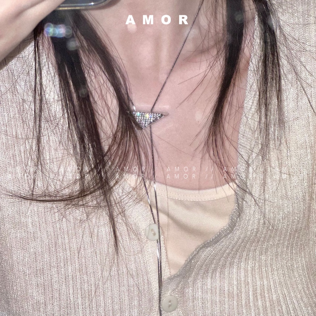 Vòng Cổ choker Dây Rút Dài Mặt Tam Giác Bằng Thép Không Gỉ Đính Kim C