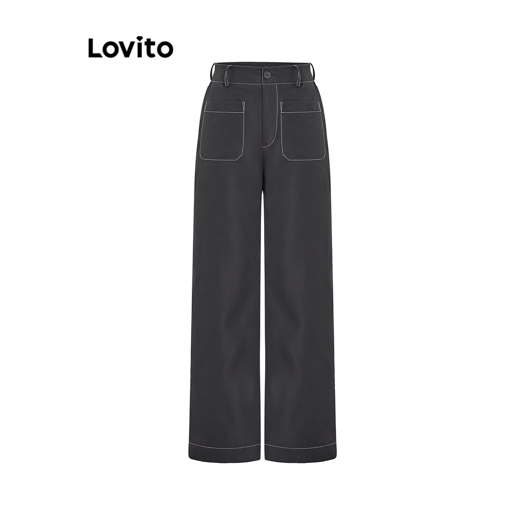 Quần Lovito có túi màu trơn viền tương phản cho nữ L59ED093 (Đen)