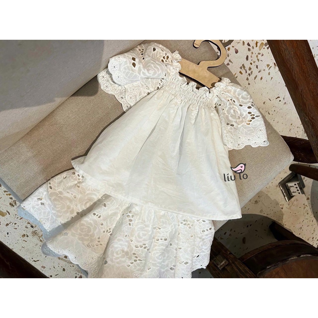 Set Bộ Áo + Chân Váy Vải Ren Mềm Xinh Xắn Cho Bé
