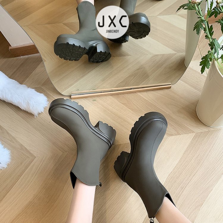 Giày Bốt Da PU Mũi Tròn Màu Trơn Phối Khóa Kéo Sau Lưng Kiểu Retro Pháp Thời Trang Mùa Đông Cho Học Sinh