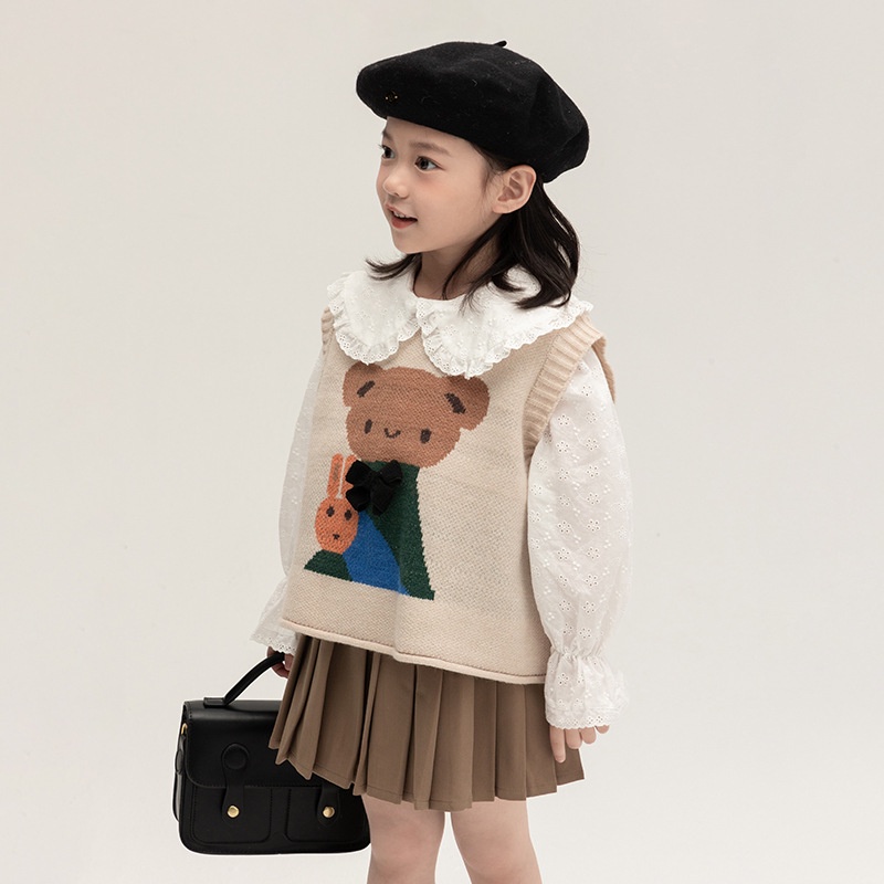 Áo sweater Dệt Kim Không Tay Cổ Tròn Đính Nơ Gấu Ba Chiều Dễ Thương Dành Cho Bé Gái