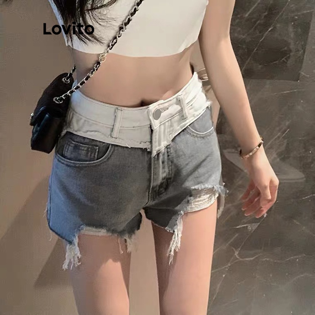Quần short denim Lovito ngắn màu trơn thường ngày cho nữ LNA14234 (màu xanh dương)
