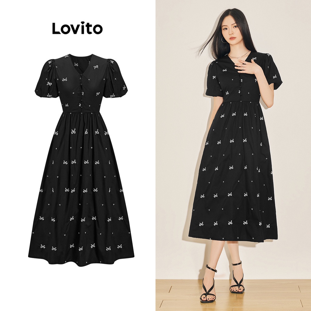Đầm Lovito tay phồng xếp nếp cài nút họa tiết rau củ quả thường ngày cho nữ L61AD075 (Màu đen)