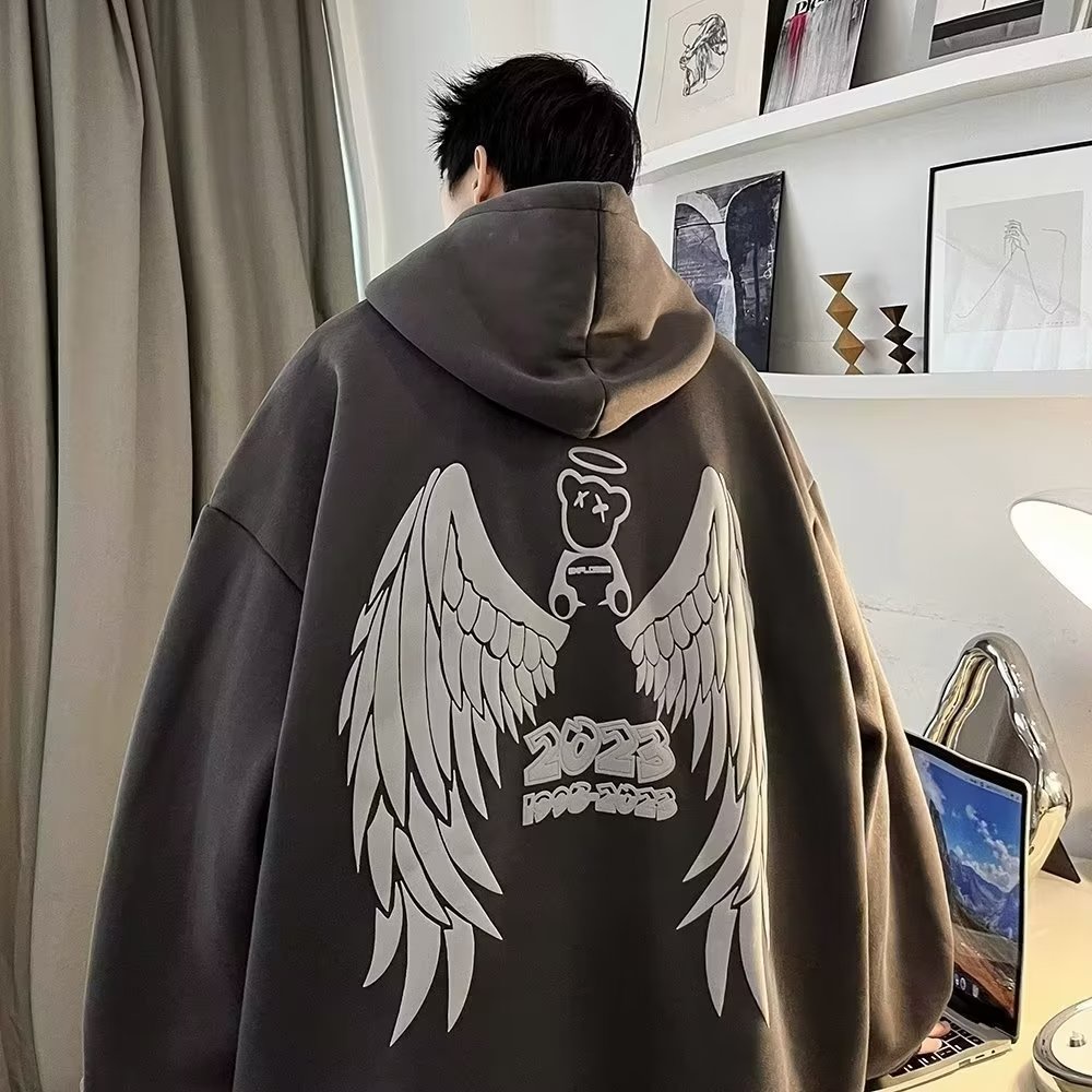 Áo Hoodie Dáng Rộng In Hình Đôi Cánh Thiên Thần Thời Trang Thu Đông Phong Cách Âu Mỹ Cho Nam