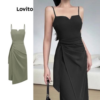 Đầm Lovito đắp chéo xếp nếp màu trơn thanh lịch cho nữ L71ED164 (Màu xanh lá/ đen)