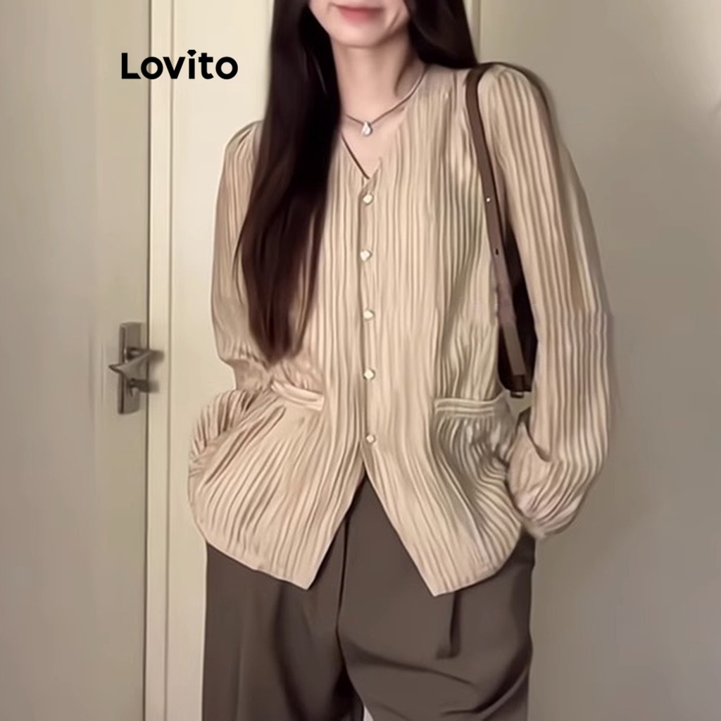 Áo sơ mi Lovito cài nút xẻ tà túi giả màu trơn thanh lịch cho nữ LNE21253 (màu kaki)