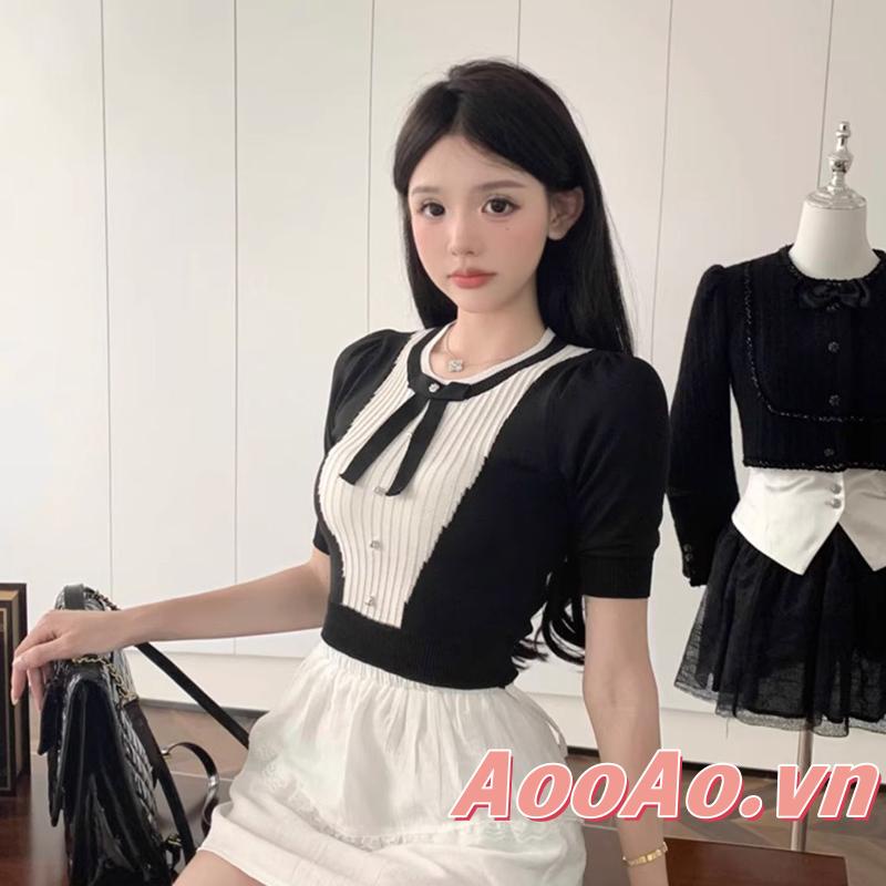 Aooao-áo Thun crop Top Tay Ngắn Cổ Thuyền Thắt Nơ Màu Tương Phản Cho Nữ