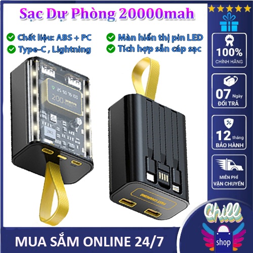 Sạc dự phòng 20000mAh, Sạc nhanh 66w có màn hình LED hiển thị trong suốt phong cách Punk cho điện thoại