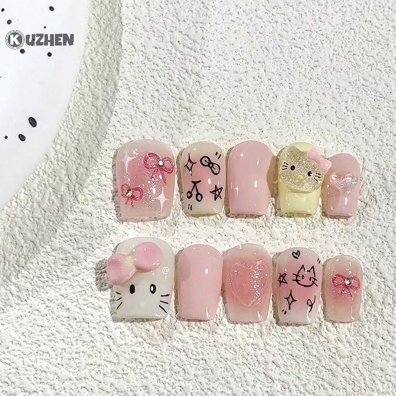 Set 10 Miếng Dán Trang Trí Móng Tay Hình Mèo hello kitty Xinh Xắn