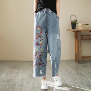 [Siêu Sale] Quần Jean Nữ Ống Rộng Thêu họa tiết hoa xinh xắn, Quần bò nữ ống rộng cạp chun co giãn hàng Quảng Châu đẹp