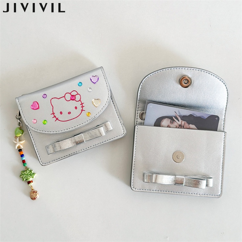 Jivivil Ví Ngắn Đựng Thẻ Sinh Viên Đa Năng Họa Tiết hello kitty Màu Bạc y2k Phong Cách Hàn Quốc instagram Đơn Giản Cho Nữ