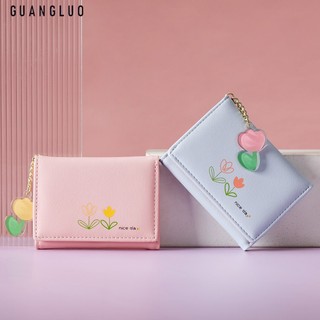 Guuangluo ví da pu ngắn gấp ba họa tiết hoa tulip đơn giản dễ thương phong cách hàn quốc cho nữ