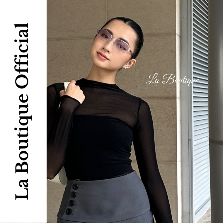 Áo Kiểu Tay Dài Vải Lưới Xuyên Thấu LA BOUTIQUE Ôm Gọn Body