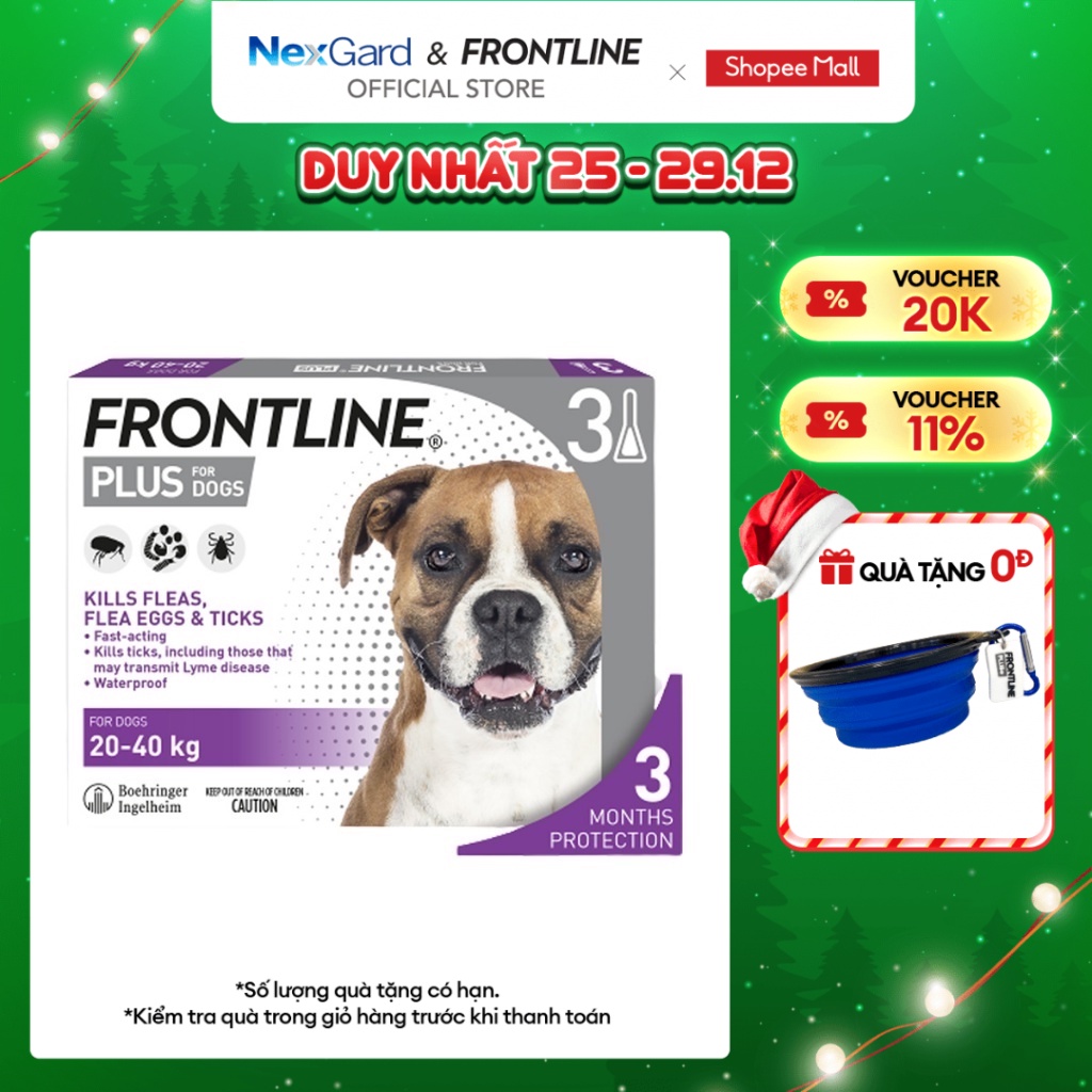 Frontline Plus - Tuýp nhỏ gáy phòng & trị ve, rận, bọ (trứng, ấu trùng, con trưởng thành) cho chó 20-40kg - 1 hộp 3 tuýp