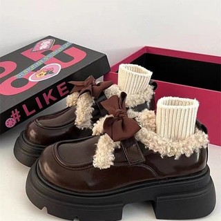 Giày Da Cao Gót Lót Lông Cừu cotton Đế Dày Phong Cách Anh Quốc Thời Trang Thu Đông 2023 Cho Nữ