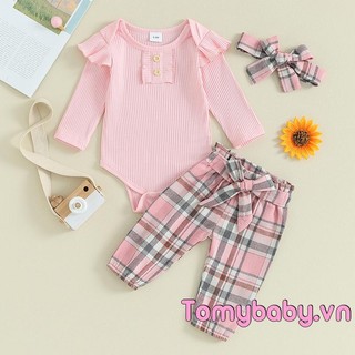 Set đồ 3 món gồm áo liền quần tay dài cổ tròn cài nút màu trơn + quần dài kẻ sọc + băng đô cài tóc