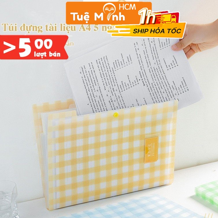 Túi đựng tài liệu A4 5 ngăn hình caro K34, file kẹp sách vở chống nước nhiều màu