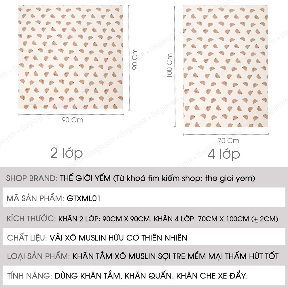 Khăn tắm xô muslin sợi tre mềm mại thấm hút tốt 4 lớp 70x100cm, 2 lớp 90x90cm đa năng cho bé Thế Giới Yếm