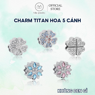 Hạt charm Pan titan không gỉ đính đá, hạt xỏ vòng tay nữ hình hoa tuyết trắng / cỏ 4 lá / hoa 5 cánh