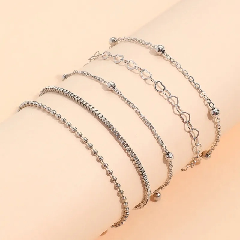 Set 5 Vòng Tay Nhiều Lớp Mặt Hình Trái Tim Màu Vàng / Bạc Thanh Lịch Cho Nữ