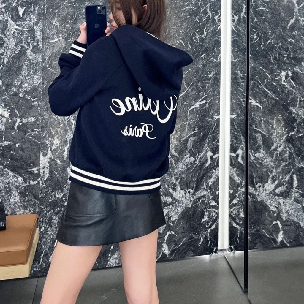 CE 2023 autumn embroidered logo casual hooded coat contrast color ribbon hooded coat baseball coat