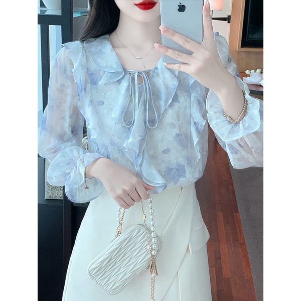 Áo Sơ Mi chiffon Tay Dài Phối Bèo In Họa Tiết Hoa Thời Trang Mùa Thu 2023 Phong Cách Mới Cho Nữ