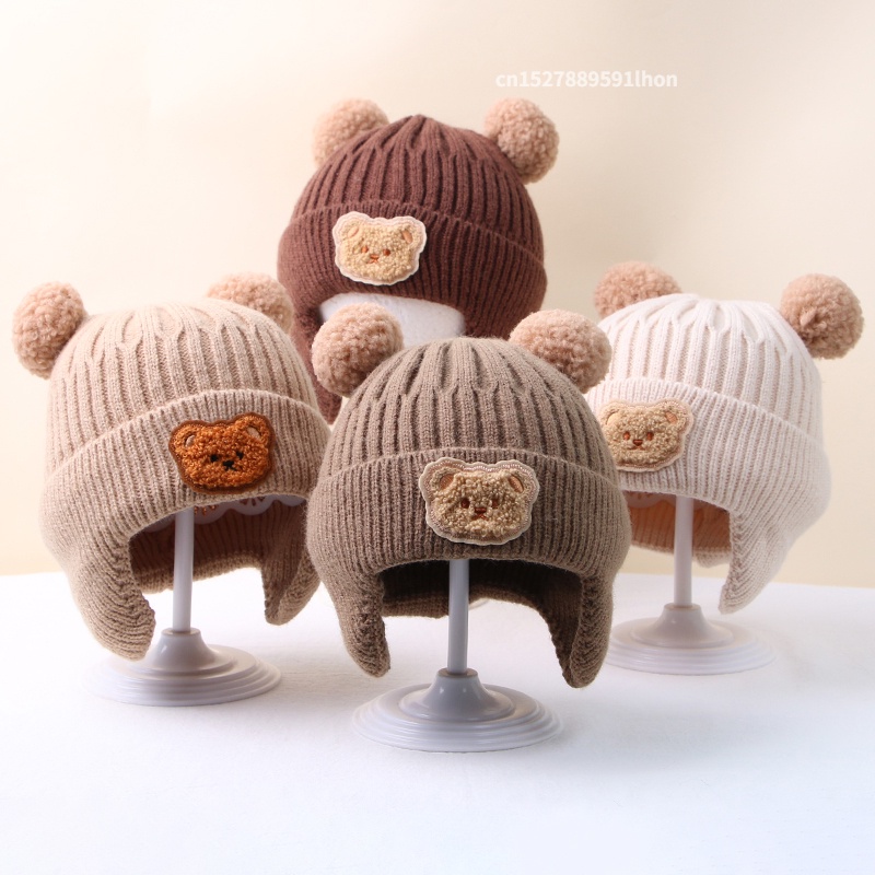 Mũ beanie Dệt Kim Giữ Ấm Tai Gấu Hoạt Hình Thời Trang Mùa Đông Hàn Quốc Cho Bé Trai Và Gái gorros