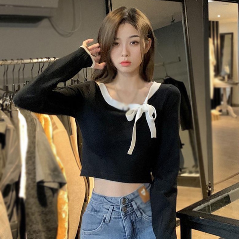 Áo Thun croptop Dệt Kim Tay Dài Cổ Tròn Thắt Nơ Màu Tương Phản Phong Cách Hàn Quốc Thời Trang Cho Nữ