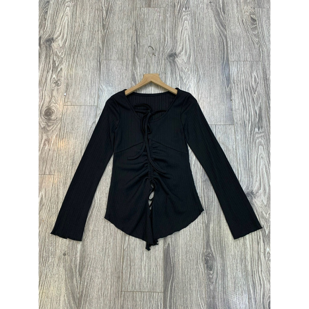 Áo thun gân tăm xẻ giữa rút dây viền xoè A2865 SUSSTORE