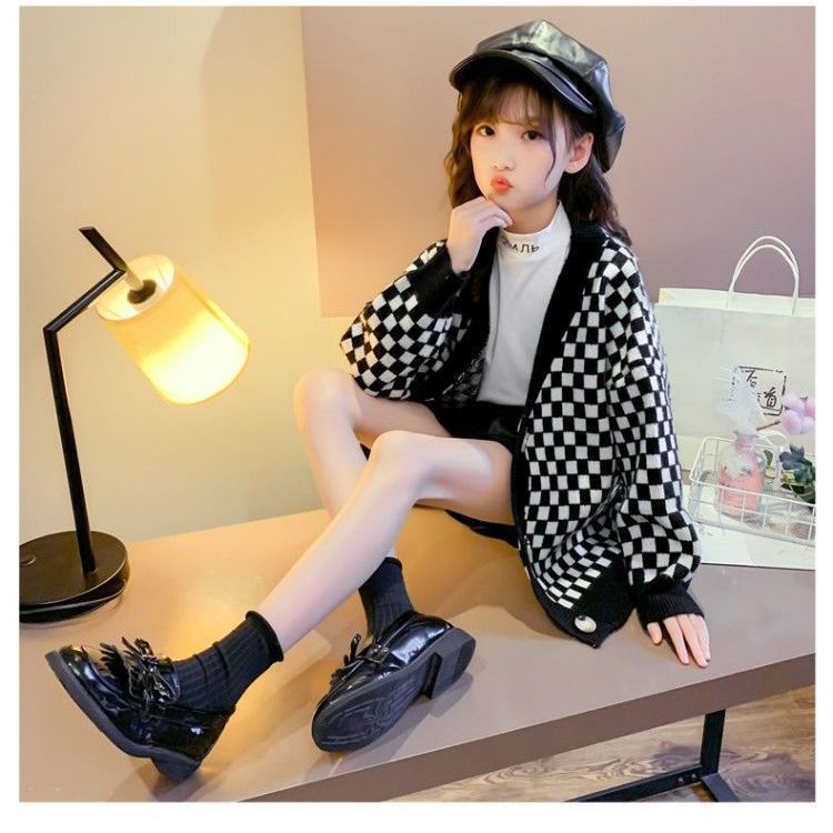 Áo Khoác cardigan Dệt Kim Sọc Ca Rô Đen Trắng Thời Trang Xuân Thu Cá Tính Dành Cho Bé