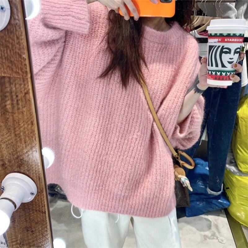 Áo len nữ Áo sweater Dệt Kim Dáng Rộng Màu Hồng Thời Trang Thu Đông Mới áo len dài tay form rộng