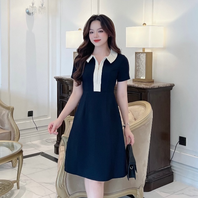 Váy Đầm Đen Cộc Tay Dáng Xòe Cổ Sơ Mi Thời Trang Nữ Rosara VA117